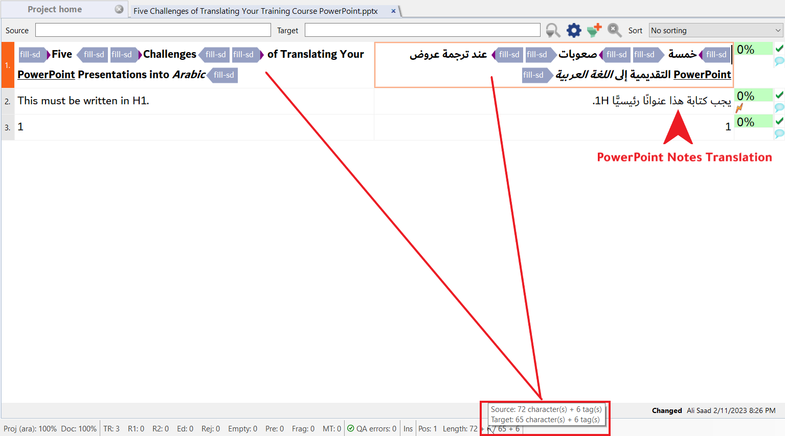 A screenshot of memoQ illustrating how to translate the PowerPoint file notes in Arabic
