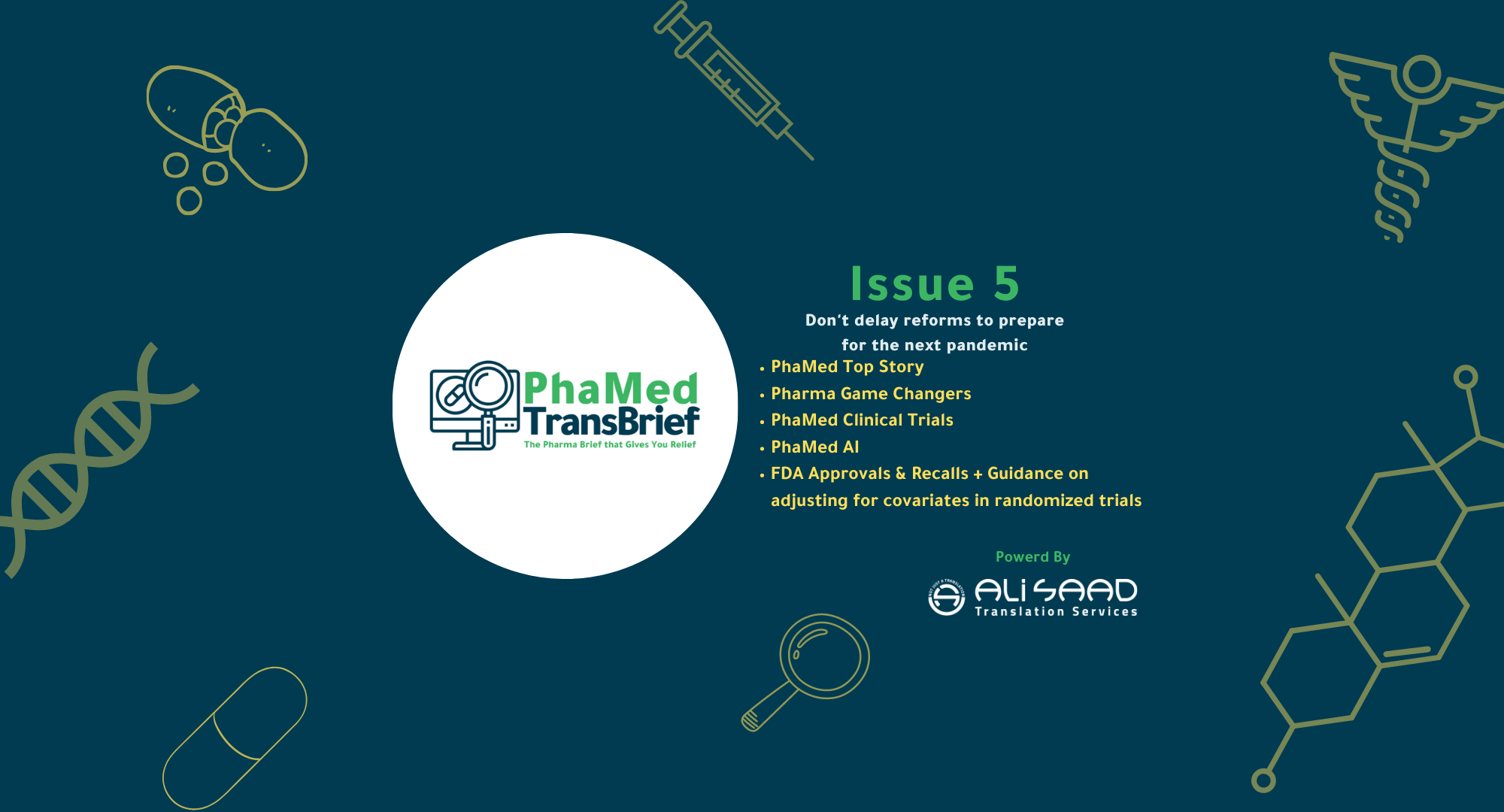 This the feature image of the PhaMed TransBrief's Issue 5 made by Ali Saad Arabic Translation Services.